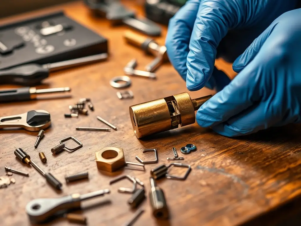 A locksmith rekeying a lock cylinder, with various tools and pins visible, demonstrating the rekeying process.