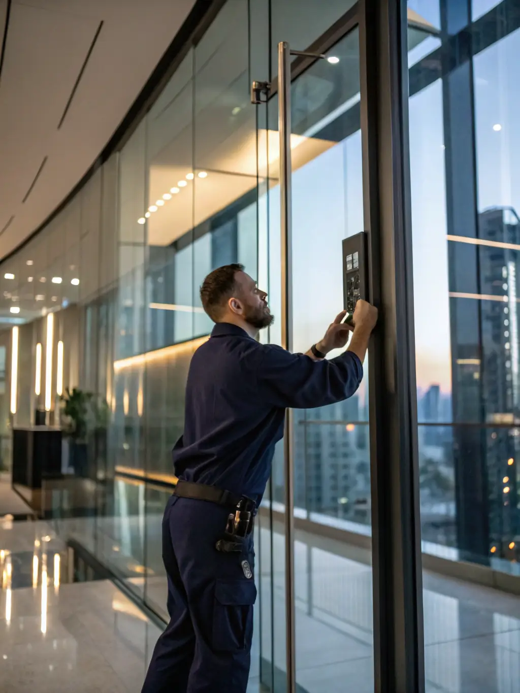 A locksmith installing a modern smart lock on a commercial building's entrance, demonstrating Jordan’s Locksmith's expertise in new lock installations.