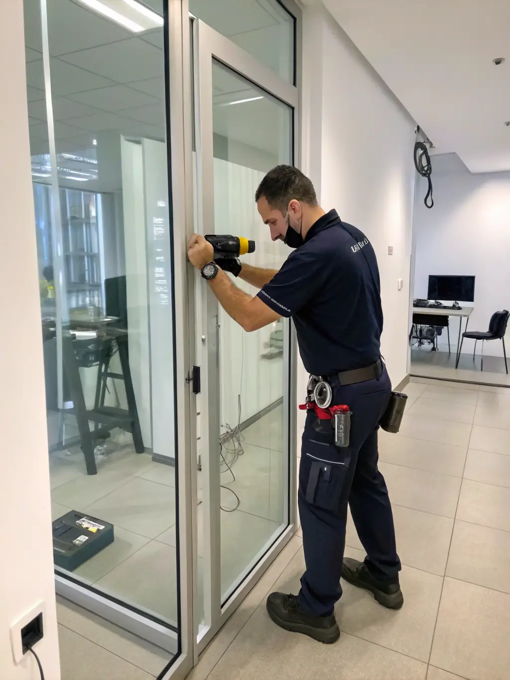 A locksmith technician installing a high-security deadbolt lock on a residential front door, emphasizing the enhanced security provided by Jordan’s Locksmith.
