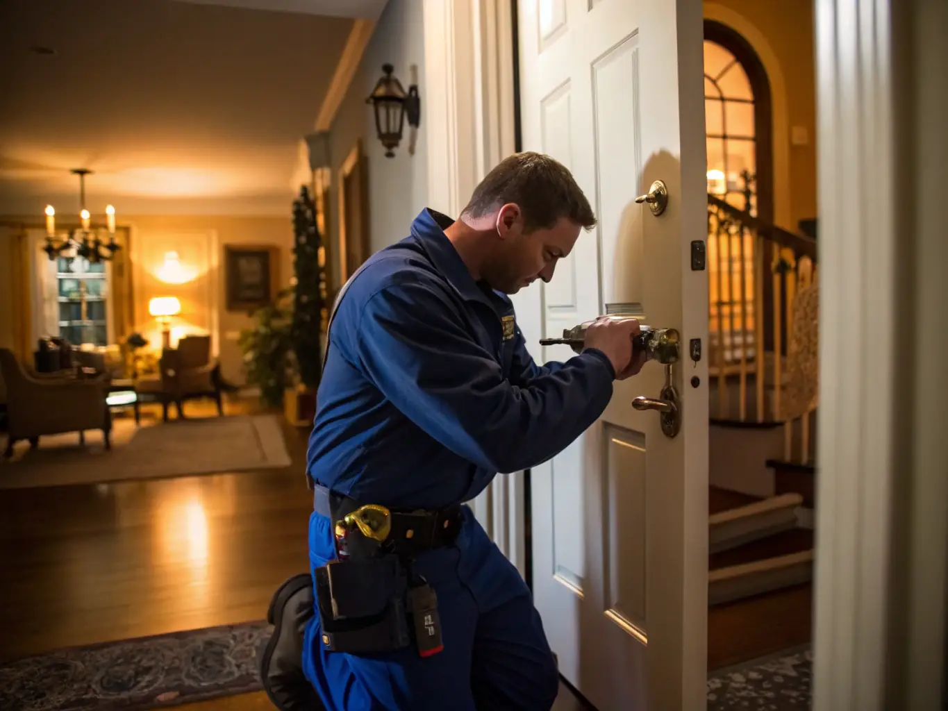 A locksmith installing a new, high-security deadbolt lock on a front door, emphasizing security and protection.